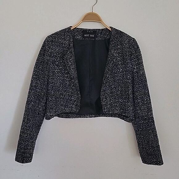 Andre Badi Tweed Open Front Long Sleeve Cropped Jacket Academia Classic Preppy - Picture 1 of 8